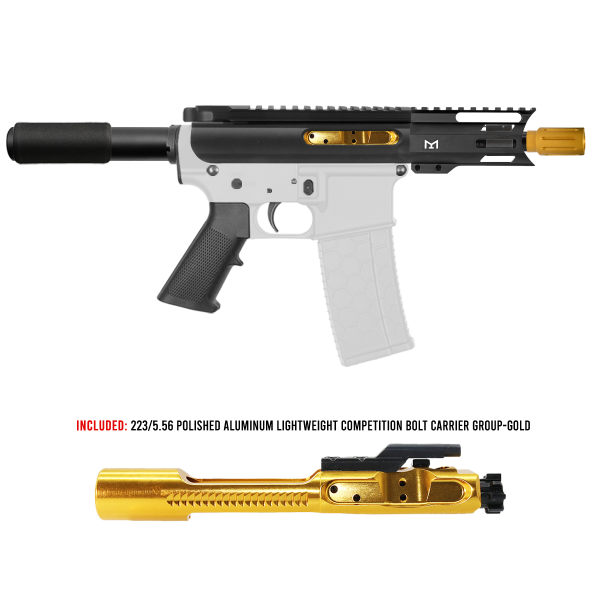 AR-15 5.56 NATO 5'' PISTOL KIT - FORGED UPPER WITH 4'' M-LOK HANDGUARD- SLICK SLIDE-INCLUDEG GOLD BCG